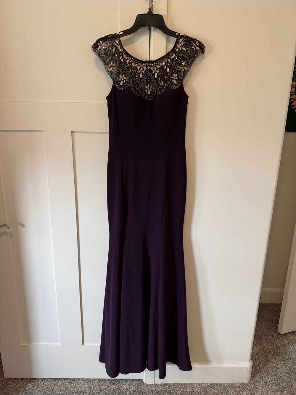 Elegant Purple Evening Gown with Embellished Lace Yoke